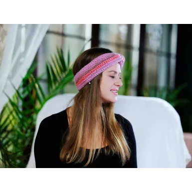 Opaska szydełkowa - różowa z paskiem 2